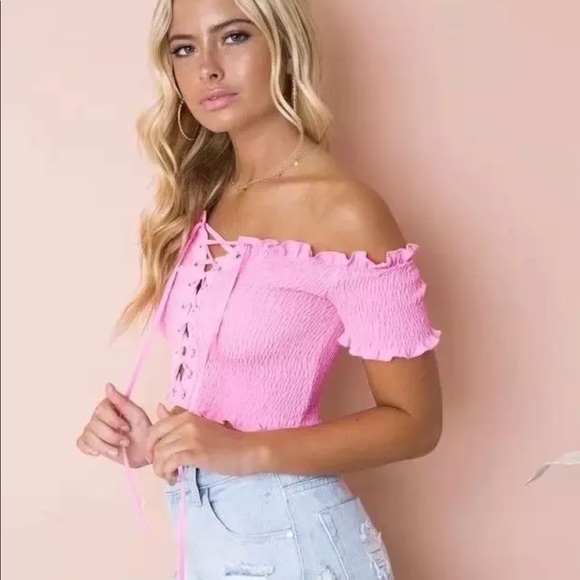 pink smocked off the shoulder top